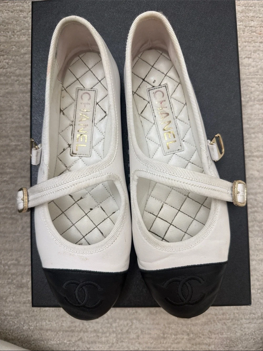 CHANEL White and Black Mary Jane Cap-Toe Ballet Flats